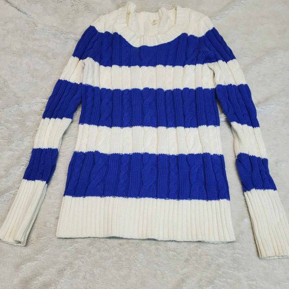 J. Crew White Blue Striped Cable Knit Sweater Small Preppy Chunky Cozy Cotton